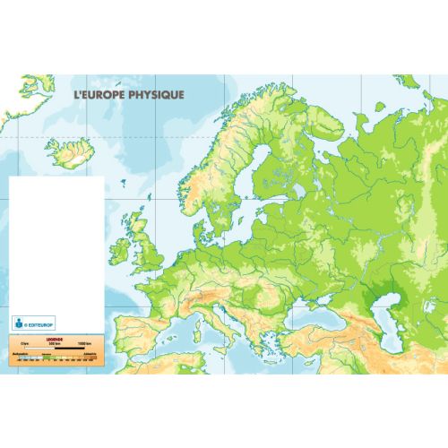 Carte muette 120 x 80 cm l'Europe physique