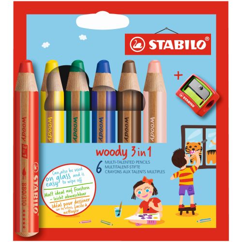 Stabilo woody 3 in 1 étui de 6 crayons couleurs assorties + taille