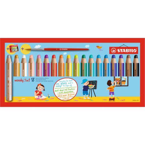 Stabilo woody 3 in1 étui de 18 crayons coul assorties + taille+ pinceau