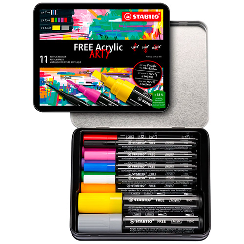 Marqueur peinture Stabilo Free Acrylic - Boîte métal de 11 marqueurs