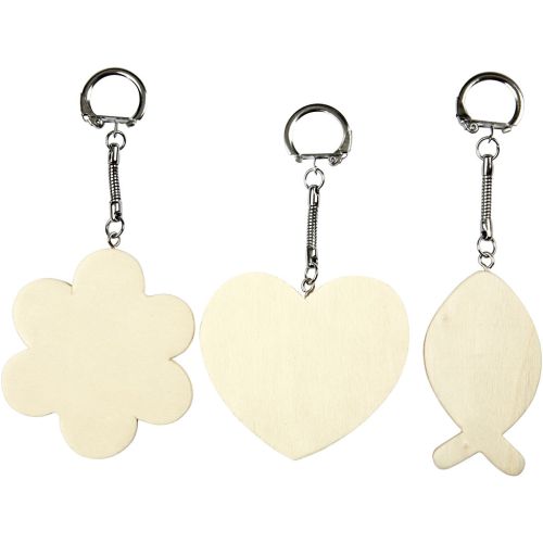 Porte clef bois lot 3 fleurs-cœur-poisson ass.