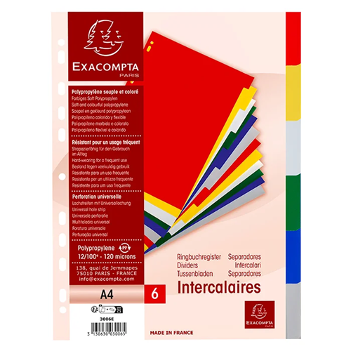 Intercalaires Exaclair polypropylène souple A4, 6 positions Intercalaires Exaclair polypropylène souple A4, 6 positions
