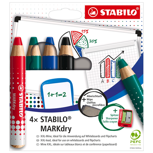 Pochette de 4 crayons pour tableau blanc Stabilo MarkDry Pochette de 4 crayons pour tableau blanc Stabilo MarkDry