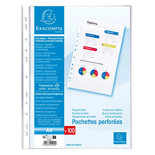 Protège-documents A4 crystal clear Premium Exacompta 100 pièces Protège-documents A4 crystal clear Premium Exacompta 100 pièces